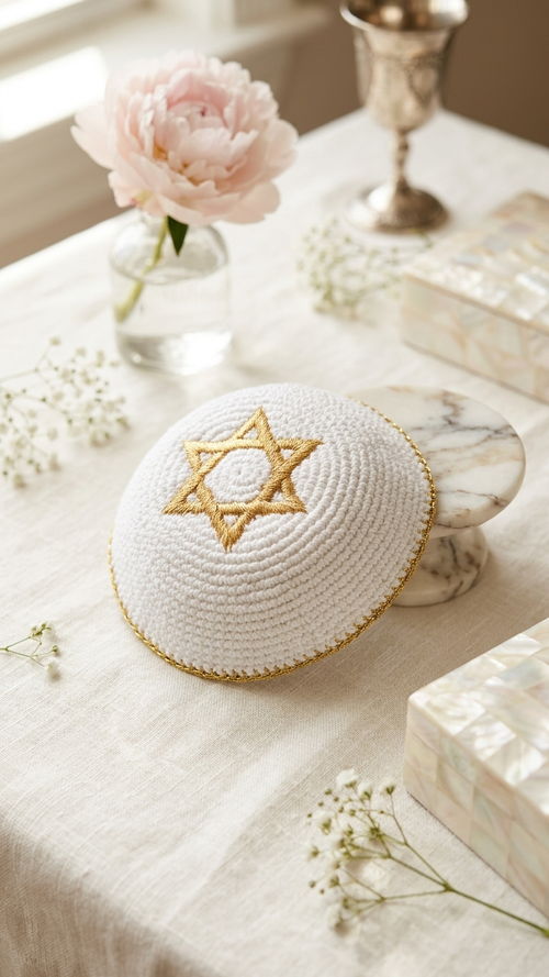 כיפות חסדי השם - כיפה לבנה תפורה עם עיטור מגן דוד זהוב